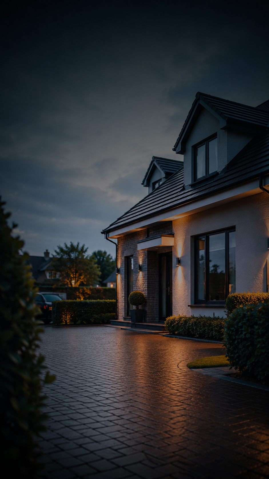 Modern home exterior and driveway at dusk