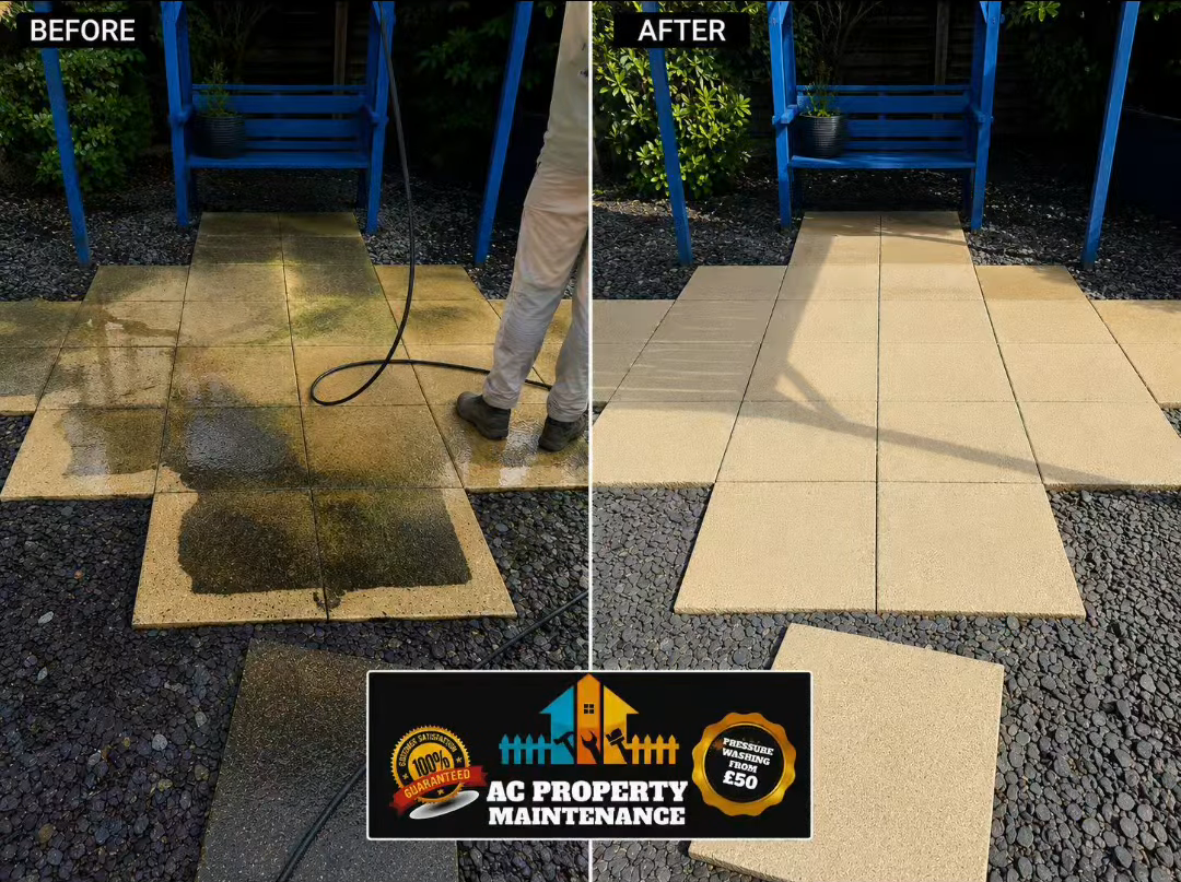 Patio slabs deep-cleaned with pressure washing
